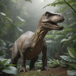 A detailed, lifelike dinosaur standing amid lush prehistoric vegetation.