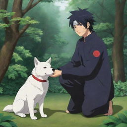 A tender moment from Naruto: Sasuke Uchiha, with his Sharingan eyes, kneeling down in a friendly manner to pet Akamaru, Kiba’s loyal dog companion. They are surrounded by lush greenery, signaling peace and companionship.