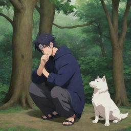 A tender moment from Naruto: Sasuke Uchiha, with his Sharingan eyes, kneeling down in a friendly manner to pet Akamaru, Kiba’s loyal dog companion. They are surrounded by lush greenery, signaling peace and companionship.