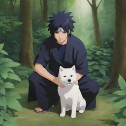 A tender moment from Naruto: Sasuke Uchiha, with his Sharingan eyes, kneeling down in a friendly manner to pet Akamaru, Kiba’s loyal dog companion. They are surrounded by lush greenery, signaling peace and companionship.