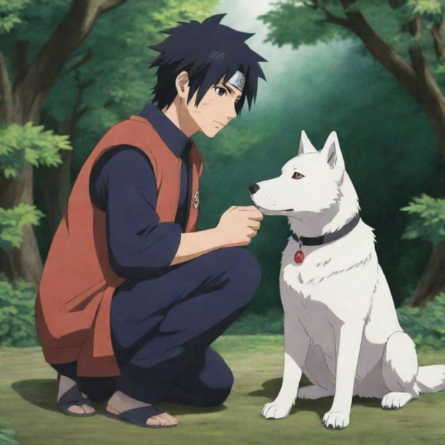 A tender moment from Naruto: Sasuke Uchiha, with his Sharingan eyes, kneeling down in a friendly manner to pet Akamaru, Kiba’s loyal dog companion. They are surrounded by lush greenery, signaling peace and companionship.