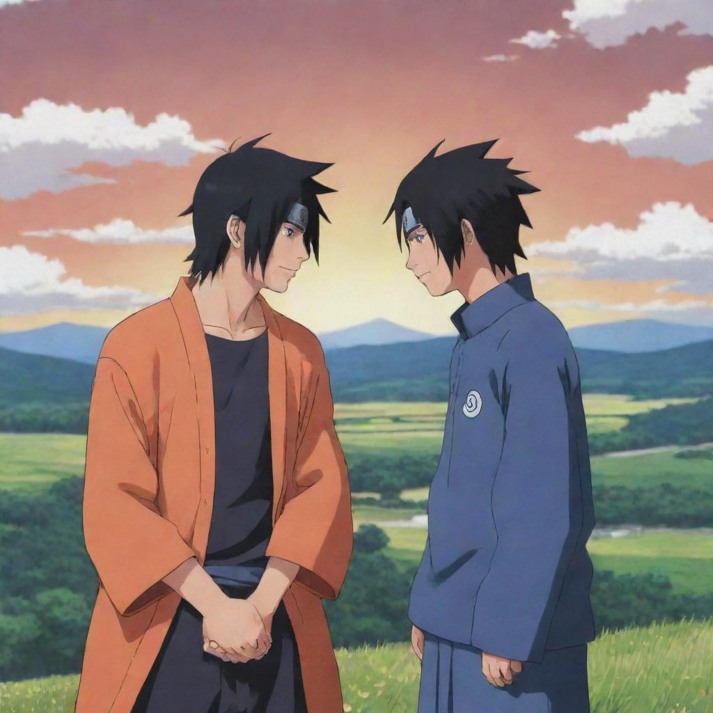 A poignant scene from Naruto: Sasuke Uchiha, with his Sharingan eyes, sharing a friendly moment with Naruto Uzumaki. They laugh together, surrounded by the serene landscape of Konoha, symbolizing their deep bond and friendship.