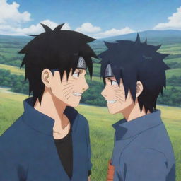 A poignant scene from Naruto: Sasuke Uchiha, with his Sharingan eyes, sharing a friendly moment with Naruto Uzumaki. They laugh together, surrounded by the serene landscape of Konoha, symbolizing their deep bond and friendship.