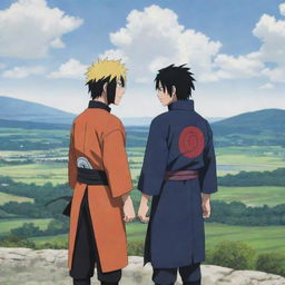 A poignant scene from Naruto: Sasuke Uchiha, with his Sharingan eyes, sharing a friendly moment with Naruto Uzumaki. They laugh together, surrounded by the serene landscape of Konoha, symbolizing their deep bond and friendship.