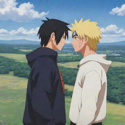 A poignant scene from Naruto: Sasuke Uchiha, with his Sharingan eyes, sharing a friendly moment with Naruto Uzumaki. They laugh together, surrounded by the serene landscape of Konoha, symbolizing their deep bond and friendship.