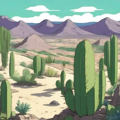 The backdrop of the anime portrayed a semiarid landscape filled with cacti.