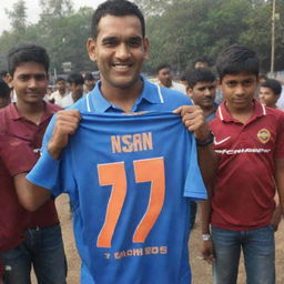 MS Dhoni, the celebrated cricketer, is warmly blessing a teenage boy. The boy proudly sports a jersey with the number 7 and the name 'Yashu' on his back