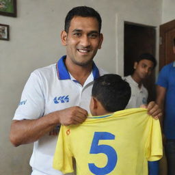 MS Dhoni, the celebrated cricketer, is warmly blessing a teenage boy. The boy proudly sports a jersey with the number 7 and the name 'Yashu' on his back