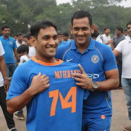 MS Dhoni, the celebrated cricketer, is warmly blessing a teenage boy. The boy proudly sports a jersey with the number 7 and the name 'Yashu' on his back