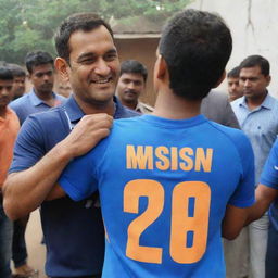 MS Dhoni, the celebrated cricketer, is warmly blessing a teenage boy. The boy proudly sports a jersey with the number 7 and the name 'Yashu' on his back