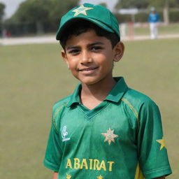 A young boy named Touseef dressed in a vibrant Pakistani cricket team kit, exuding confidence and sportsmanship.