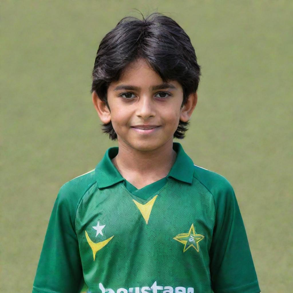 A young boy named Touseef dressed in a vibrant Pakistani cricket team kit, exuding confidence and sportsmanship.