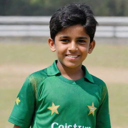 A young boy named Touseef dressed in a vibrant Pakistani cricket team kit, exuding confidence and sportsmanship.