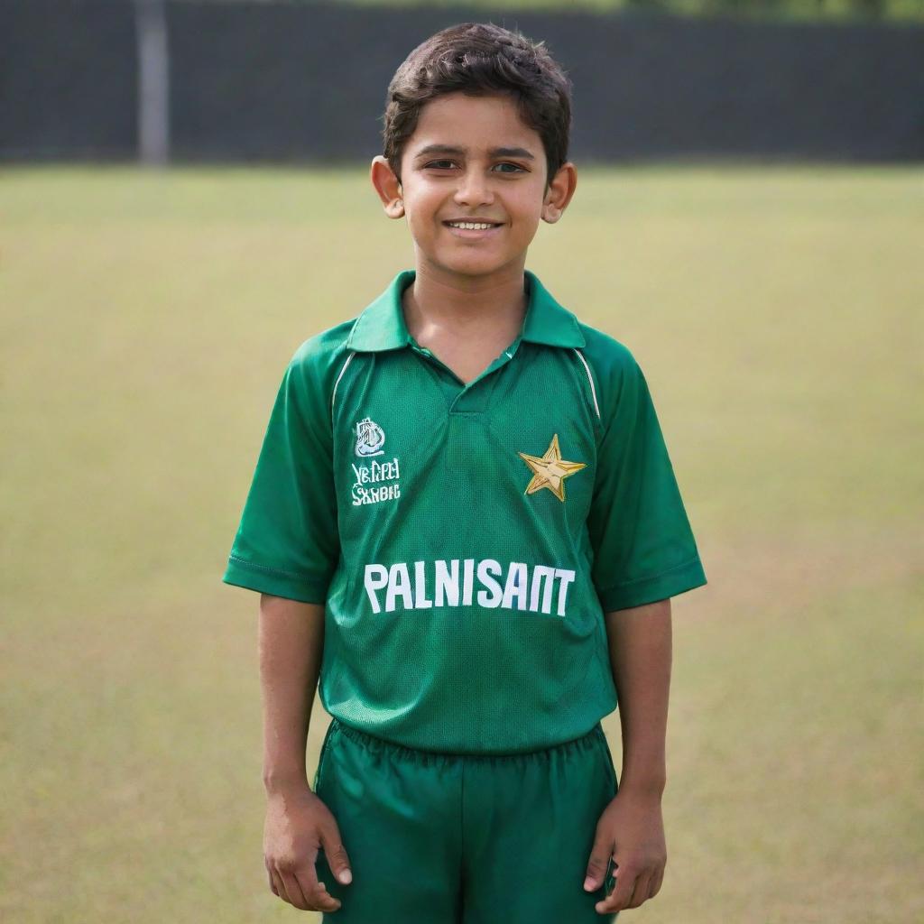 A young boy named Touseef dressed in a vibrant Pakistani cricket team kit, exuding confidence and sportsmanship.