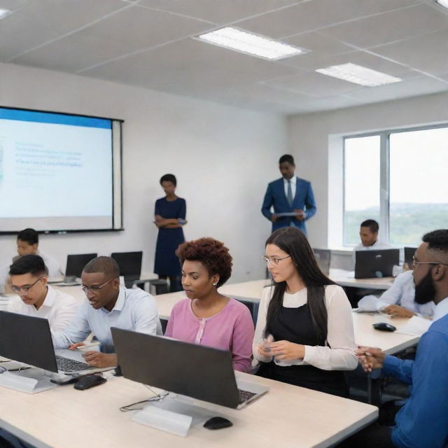 A vivid scene depicting an educational setting where mentorship is taking place, with access to advanced IT resources being used for the training session.