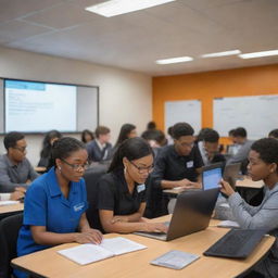 A vivid scene depicting an educational setting where mentorship is taking place, with access to advanced IT resources being used for the training session.