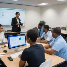 A vivid scene depicting an educational setting where mentorship is taking place, with access to advanced IT resources being used for the training session.