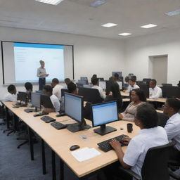 A vivid scene depicting an educational setting where mentorship is taking place, with access to advanced IT resources being used for the training session.