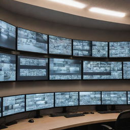 A sophisticated surveillance room filled with multiple high-end monitors displaying real-time footage from various security cameras.