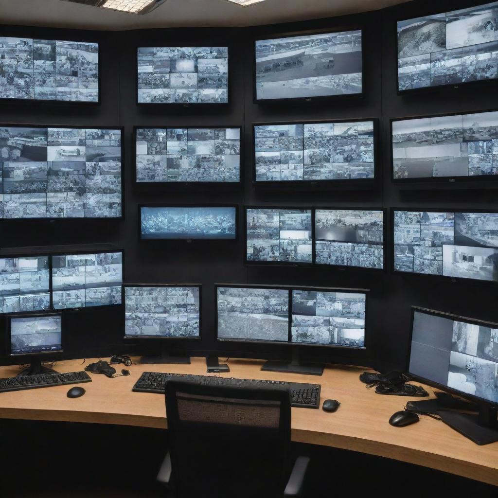 A sophisticated surveillance room filled with multiple high-end monitors displaying real-time footage from various security cameras.