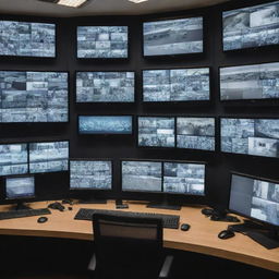 A sophisticated surveillance room filled with multiple high-end monitors displaying real-time footage from various security cameras.