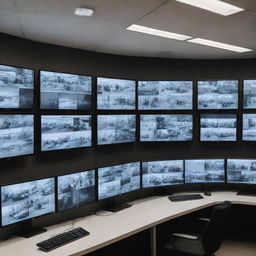 A sophisticated surveillance room filled with multiple high-end monitors displaying real-time footage from various security cameras.