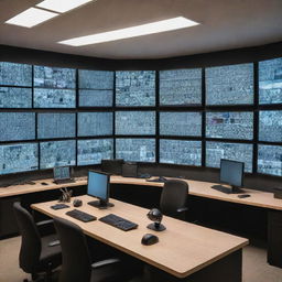 A sophisticated surveillance room filled with multiple high-end monitors displaying real-time footage from various security cameras.