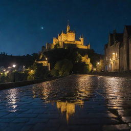 A nocturnal cityscape, featuring neon reflections on wet cobblestones, under the starlit sky with the backdrop of a historic castle on a hill