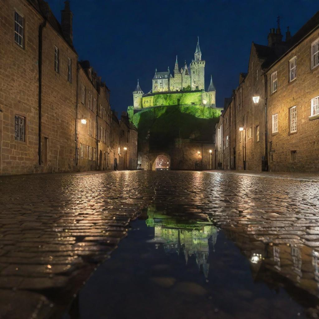 A nocturnal cityscape, featuring neon reflections on wet cobblestones, under the starlit sky with the backdrop of a historic castle on a hill