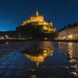 A nocturnal cityscape, featuring neon reflections on wet cobblestones, under the starlit sky with the backdrop of a historic castle on a hill