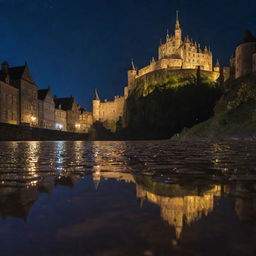 A nocturnal cityscape, featuring neon reflections on wet cobblestones, under the starlit sky with the backdrop of a historic castle on a hill