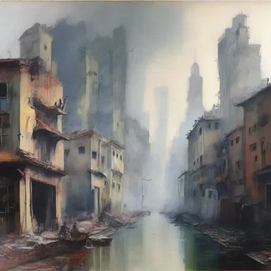 The artist's painting depicted an unliveable city, where pollution surrounded the buildings and the air was difficult to breathe.