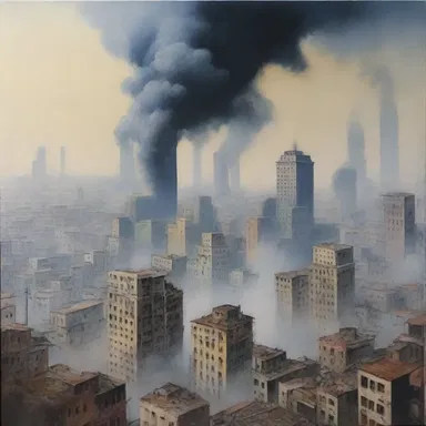 The artist's painting depicted an unliveable city, where pollution surrounded the buildings and the air was difficult to breathe.