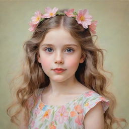 A sketched portrait of a young girl radiating innocence, with bright, twinkling eyes, long flowing hair, donning a floral dress against a soft, pastel-colored background.