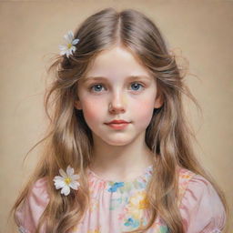 A sketched portrait of a young girl radiating innocence, with bright, twinkling eyes, long flowing hair, donning a floral dress against a soft, pastel-colored background.