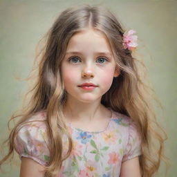 A sketched portrait of a young girl radiating innocence, with bright, twinkling eyes, long flowing hair, donning a floral dress against a soft, pastel-colored background.