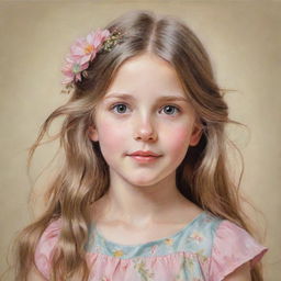 A sketched portrait of a young girl radiating innocence, with bright, twinkling eyes, long flowing hair, donning a floral dress against a soft, pastel-colored background.