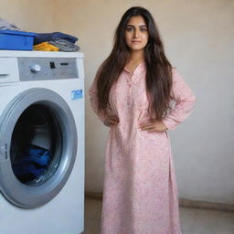 A 30-year-old Pakistani woman with long, shiny 2-feet long hair and captivating eyes, standing near a washing machine and doing laundry under the natural daylight.