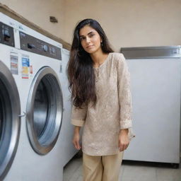 A 30-year-old Pakistani woman with long, shiny 2-feet long hair and captivating eyes, standing near a washing machine and doing laundry under the natural daylight.