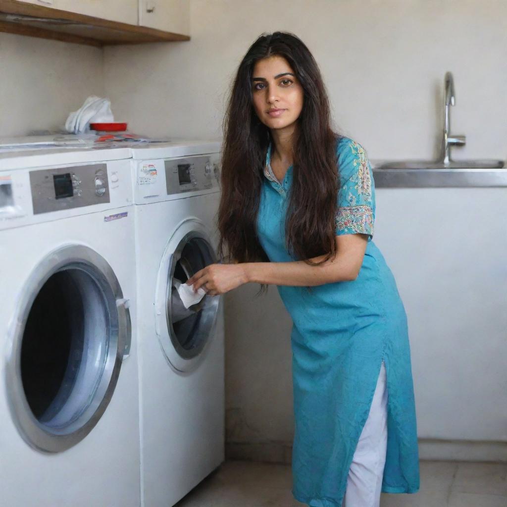 A 30-year-old Pakistani woman with long, shiny 2-feet long hair and captivating eyes, standing near a washing machine and doing laundry under the natural daylight.