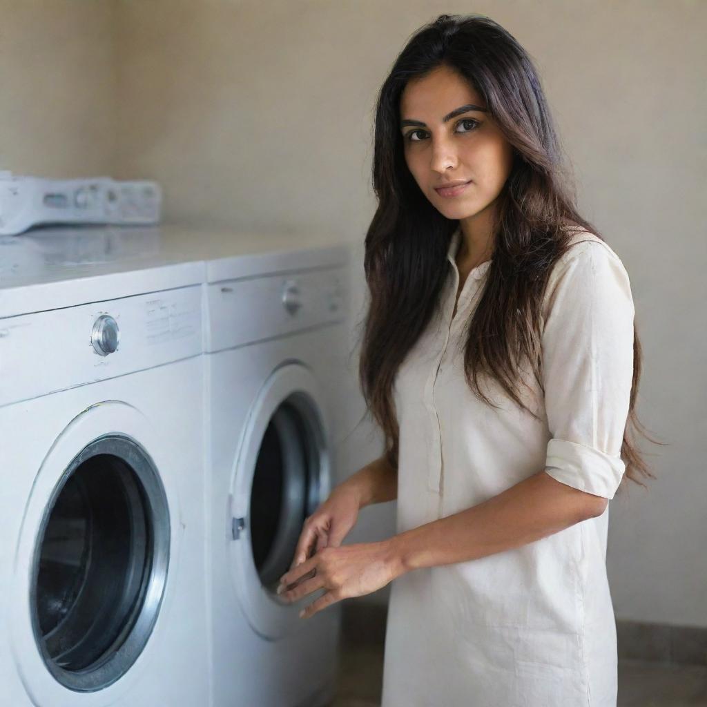 A 30-year-old Pakistani woman with long, shiny 2-feet long hair and captivating eyes, standing near a washing machine and doing laundry under the natural daylight.