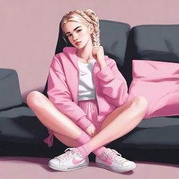 A high-quality digital art image presents an 18-year-old woman with blonde hair tied in a braid