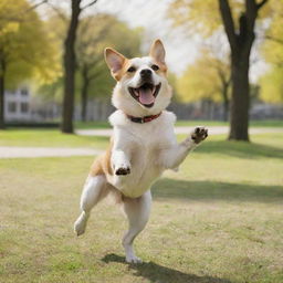 A cheerful dog dancing gleefully in the middle of a park on a sunny day.