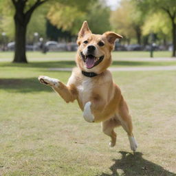 A cheerful dog dancing gleefully in the middle of a park on a sunny day.