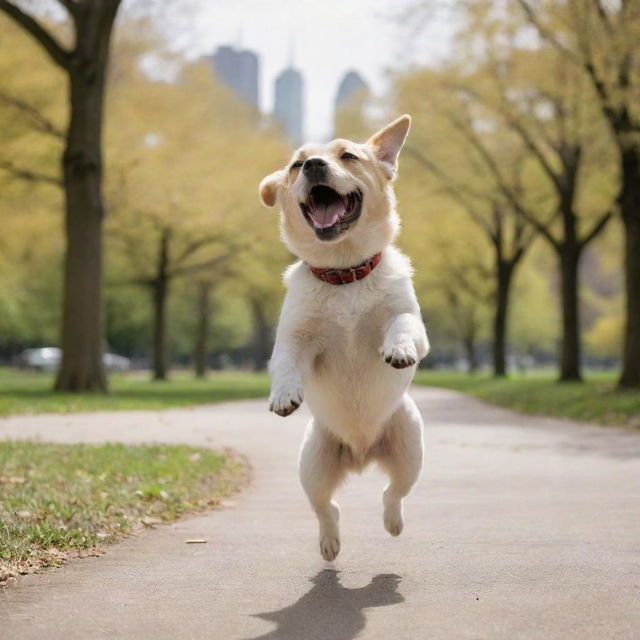 A cheerful dog dancing gleefully in the middle of a park on a sunny day.