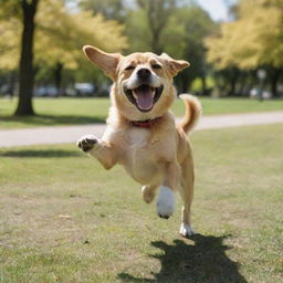 A cheerful dog dancing gleefully in the middle of a park on a sunny day.