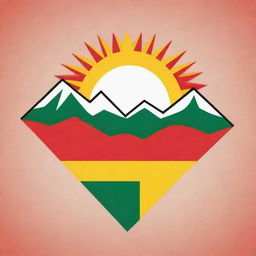 Design a symbol for a Nationalist Kurdish party, depicting cultural elements such as mountains, sun, and Kurdish patterns. The colors should be red, green, and yellow, signifying strength, courage, and vitality respectively.