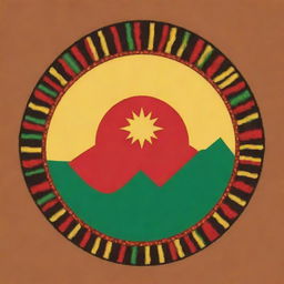 Design a symbol for a Nationalist Kurdish party, depicting cultural elements such as mountains, sun, and Kurdish patterns. The colors should be red, green, and yellow, signifying strength, courage, and vitality respectively.