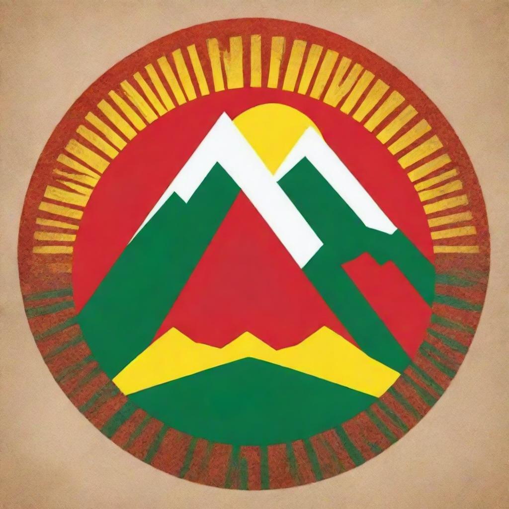 Design a symbol for a Nationalist Kurdish party, depicting cultural elements such as mountains, sun, and Kurdish patterns. The colors should be red, green, and yellow, signifying strength, courage, and vitality respectively.