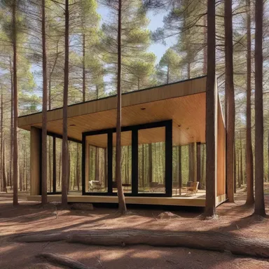 The modern cabin featured large windows that showcased the beautiful pine forest surrounding it.